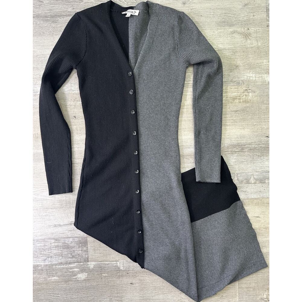 Nanette Lepore Colorblock Knit Button Long Sweater Dress V-Neck Black Gray S